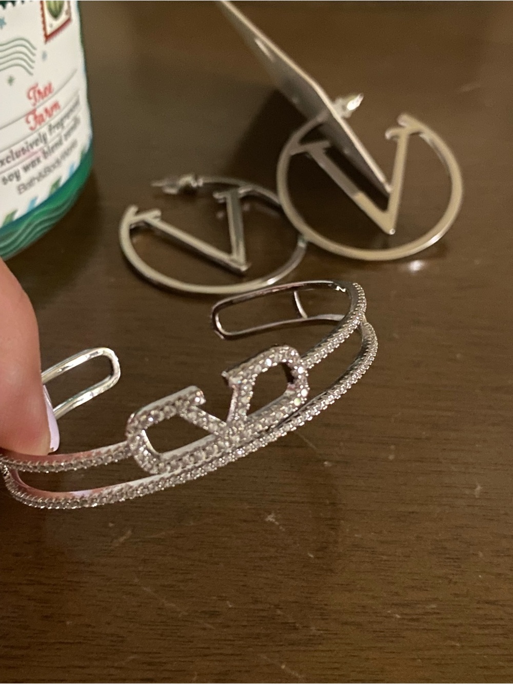 Set V Silver-color Crystal Logo Cuff Bracelet - Women Accessories